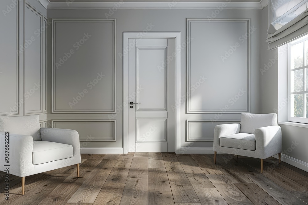 Empty room with two white armchairs, wooden floor, and a door. Empty room with two white armchairs, wooden floor, and a door.