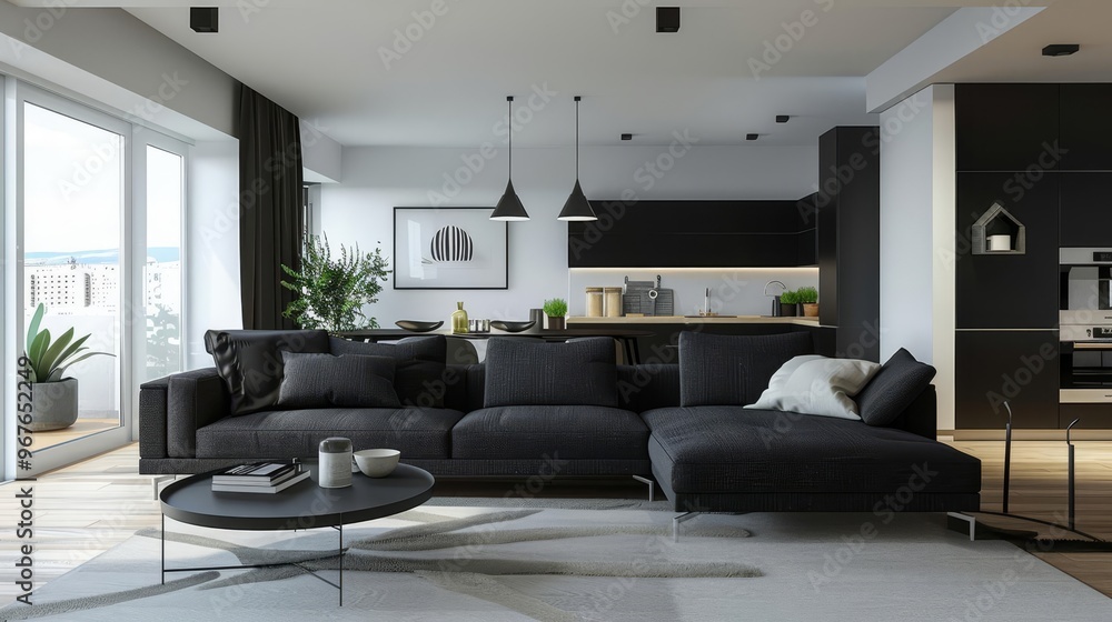 Modern living room with black sectional sofa, coffee table, and plants. Modern living room with black sectional sofa, coffee table, and plants.