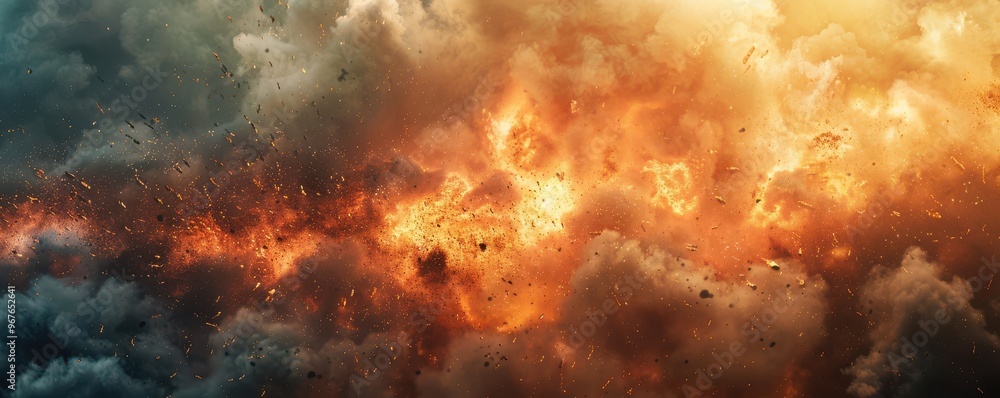 Intense battlefield scene with erupting fire, smoke, and dark clouds. Free copy space for text. Intense battlefield scene with erupting fire, smoke, and dark clouds. Free copy space for text.