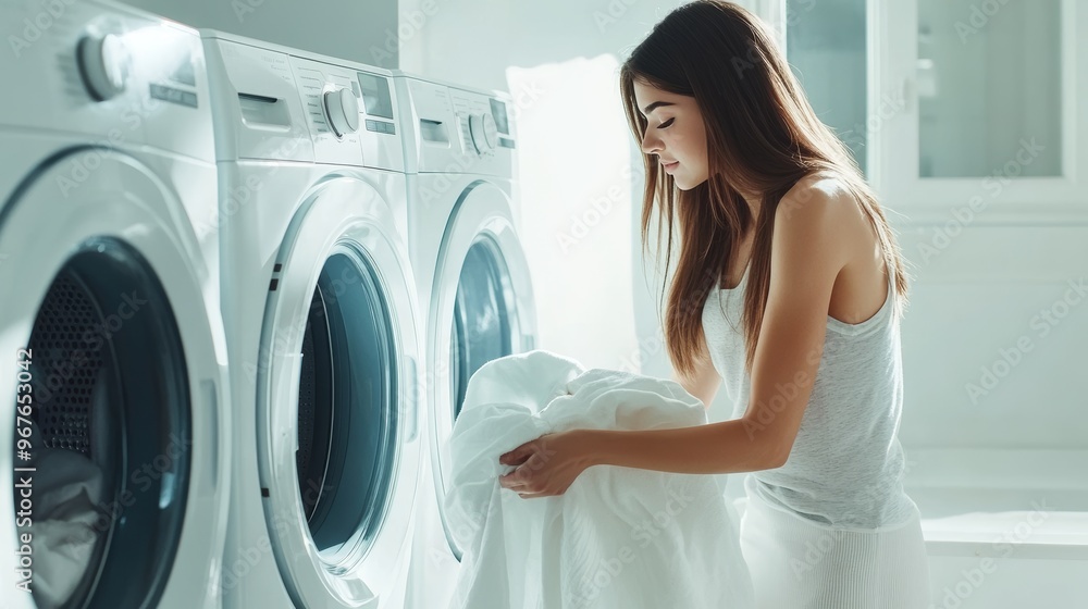 Attractive young woman doing laundry at home in a modern, organized space, showcasing a full-length view of daily household chores and the practical routine of home care and cleanliness Attractive young woman doing laundry at home in a modern, organized space, showcasing a full-length view of daily household chores and the practical routine of home care and cleanliness