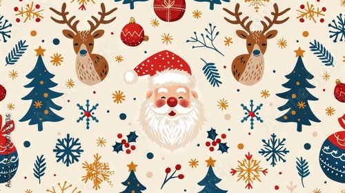 It's beginning to look a lot like Christmas! Get ready for the holiday season with this festive pattern featuring Santa, reindeer, and Christmas trees.
