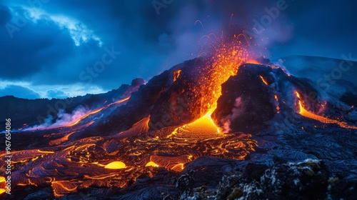 Erupting volcano at night with flowing lava and smoke