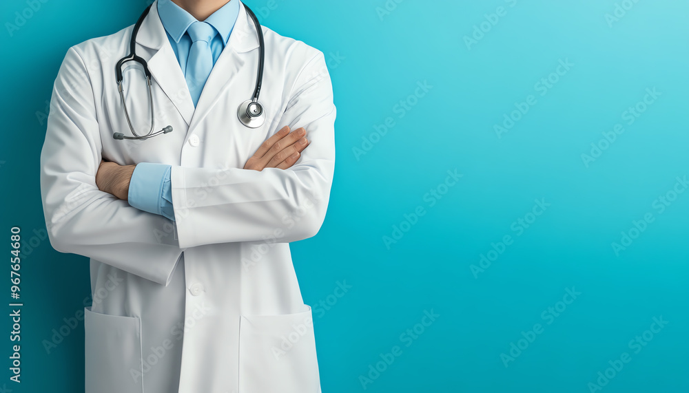 Professional doctor in white coat with stethoscope, confidently standing against a blue background, representing healthcare. Professional doctor in white coat with stethoscope, confidently standing against a blue background, representing healthcare.