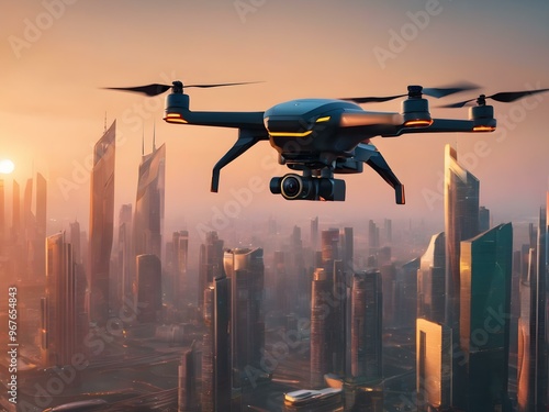 A sleek electric drone flying over a futuristic city skyline at sunrise