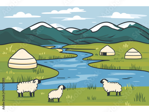 landscape in grassland illustration, Italian landscapes, panoramic countryside sheep farmland vector illustration