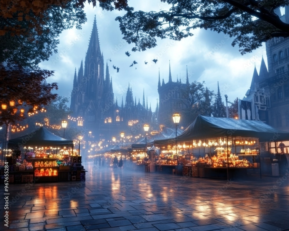 Naklejka premium Halloween street market in a fog-filled city square eerie trinket stalls glowing under dim lanterns