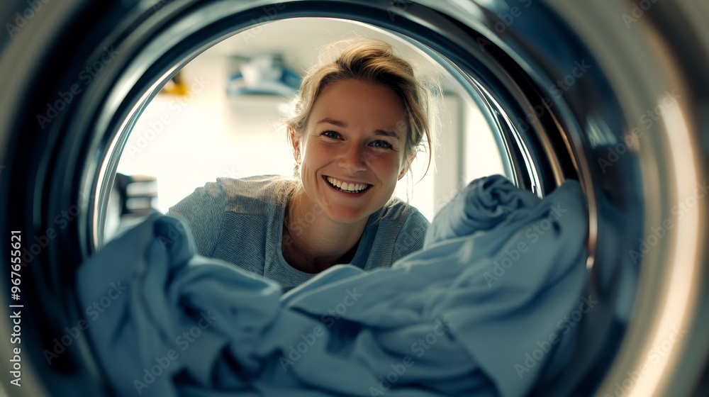 Smiling blonde woman loading and unloading laundry from inside a washing machine drum, capturing the daily household routine with an unusual perspective and bright, cheerful atmosphere Smiling blonde woman loading and unloading laundry from inside a washing machine drum, capturing the daily household routine with an unusual perspective and bright, cheerful atmosphere