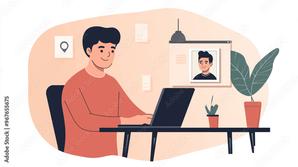 A young man working on a laptop in a cozy workspace with plants and a personal photo on the wall A young man working on a laptop in a cozy workspace with plants and a personal photo on the wall