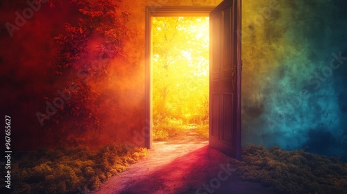 An open door revealing a radiant, new world, symbolizing fresh opportunities and new beginnings, with vibrant colors and sunlight flooding the scene