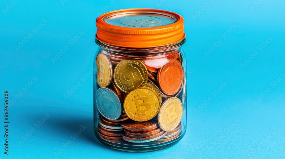 Bitcoin Coins in a Glass Jar with an Orange Lid Bitcoin Coins in a Glass Jar with an Orange Lid