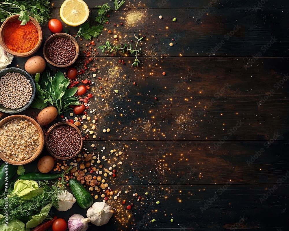 A probiotic-rich food spread on a wooden table, surrounded by fresh herbs and vegetables, microorganisms illustrated as glowing particles, Watercolor, Organic colors