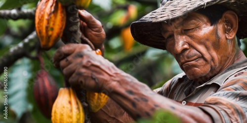 An elderly farmer carefully harvests ripe cacao pods in a lush tropical plantation during the peak of the harvesting season, showcasing traditional agricultural practices and craftsmanship photo