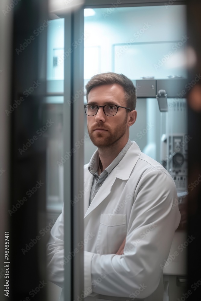 A thoughtful scientist in a lab coat reflects on research findings inside a modern laboratory during a quiet afternoon A thoughtful scientist in a lab coat reflects on research findings inside a modern laboratory during a quiet afternoon