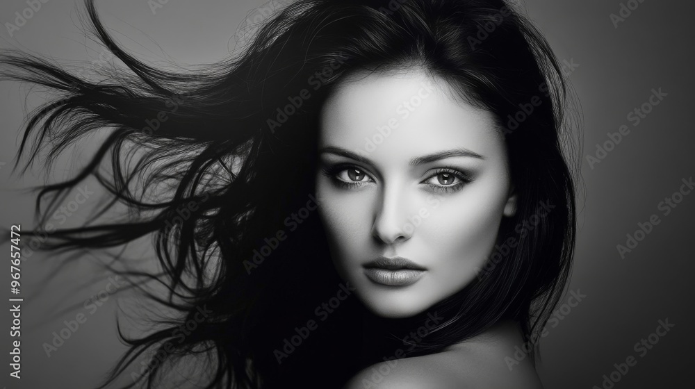 A striking black and white portrait of a woman with flowing hair captured in soft lighting showcasing her confident expression A striking black and white portrait of a woman with flowing hair captured in soft lighting showcasing her confident expression