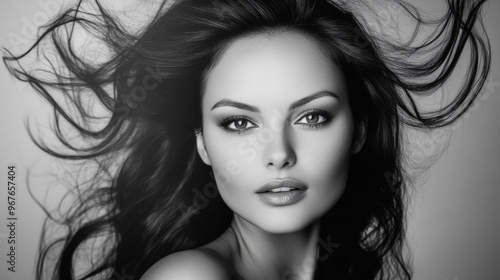 A close-up portrait of a woman with flowing hair, captured in black and white, emphasizing her striking features and expressive gaze against a minimalist background