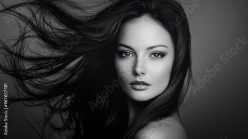 A striking black and white portrait of a woman with flowing hair captured in soft lighting showcasing her confident expression