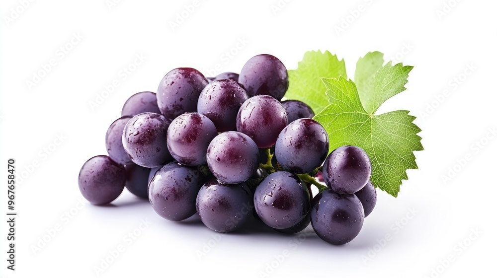 Fototapeta premium Bunch of ripe purple grapes with leaves, isolated on a white background.