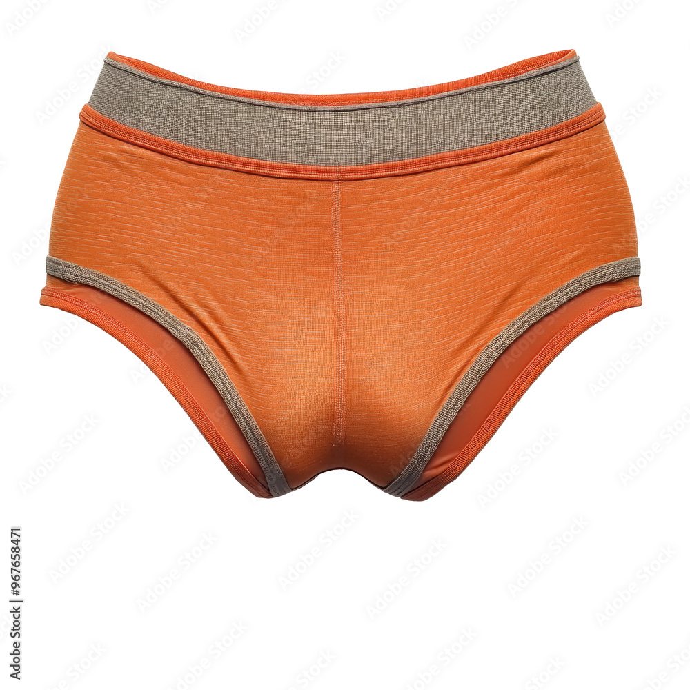 Orange cotton brief with gray waistband on display, cut out transparent Orange cotton brief with gray waistband on display, cut out transparent