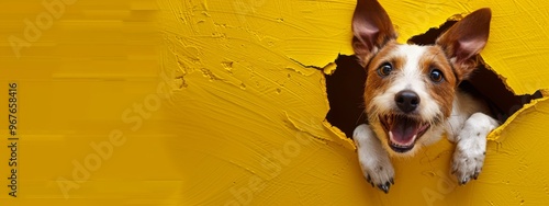 A cheerful dog peeks through a large hole in a bright yellow wall while enjoying a sunny day filled with playful curiosity and excitement photo