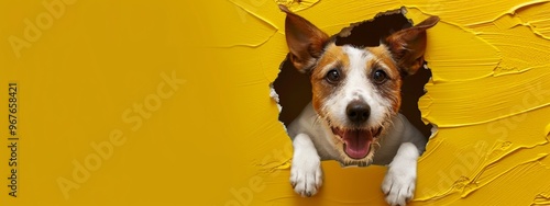  A happy Rusell terrier dog breaking through yellow wall with a hole in the right, with left blank copy space photo