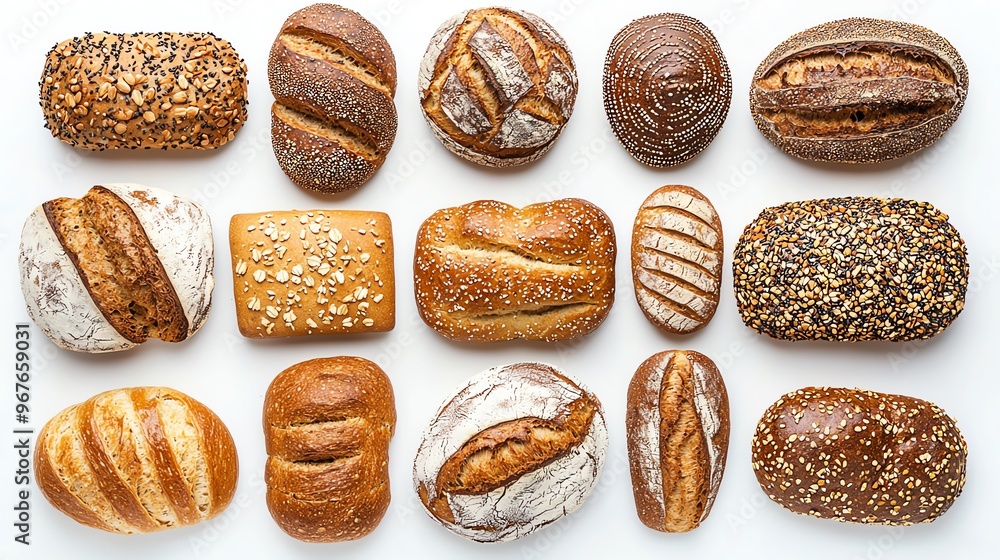 a whole view of multiple rye breads on isolated white background, view from above, editorial photography a whole view of multiple rye breads on isolated white background, view from above, editorial photography