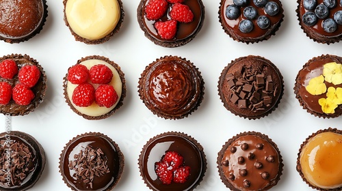 a whole view of multiple puddings on isolated white background, view from above, editorial photography