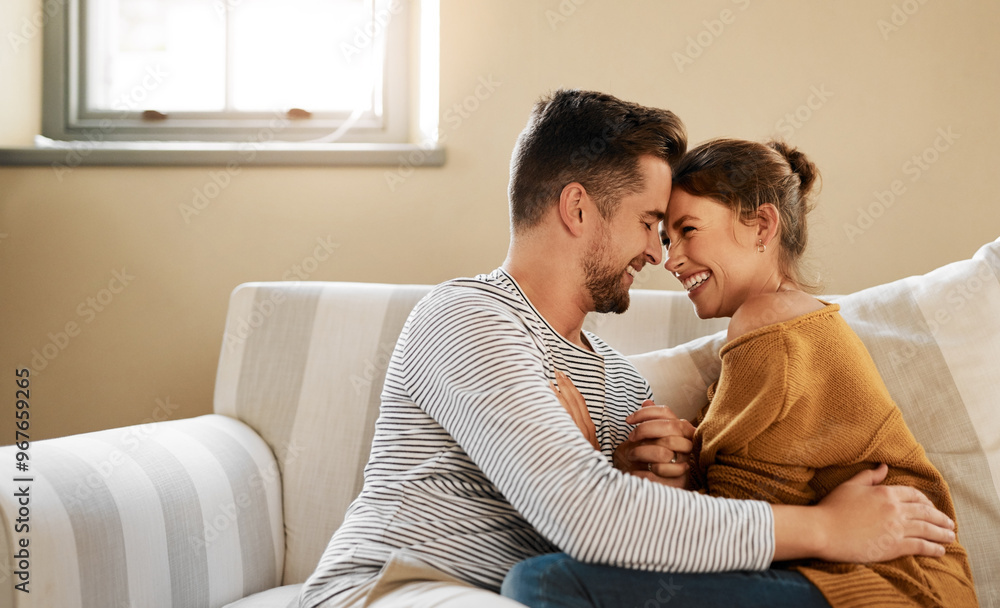 Home, couple and smile with admiration for love, support and bonding together in marriage. Happy people, woman and man with embrace for connection, commitment and affection with holding hands on sofa Home, couple and smile with admiration for love, support and bonding together in marriage. Happy people, woman and man with embrace for connection, commitment and affection with holding hands on sofa