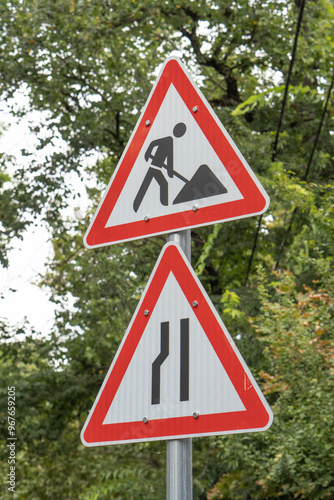 road, narrows, left, side traffic sign, road sign, road ahead, trees, triangle, 