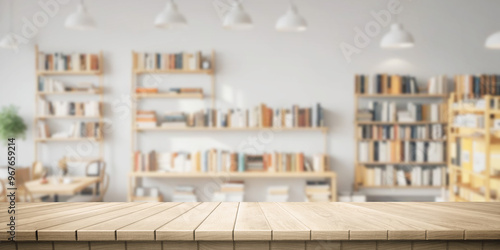 Colorful wooden platform indoor: bookstore or library.