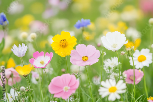 A vibrant meadow filled with colorful wildflowers, including pink, yellow, white, and blue blossoms, creating cheerful and lively scene