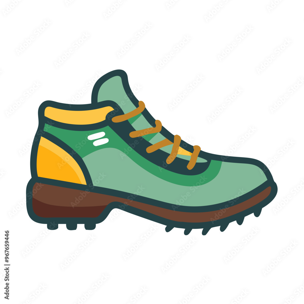 Green hiking shoe illustration, yellow laces, outdoor sports footwear

