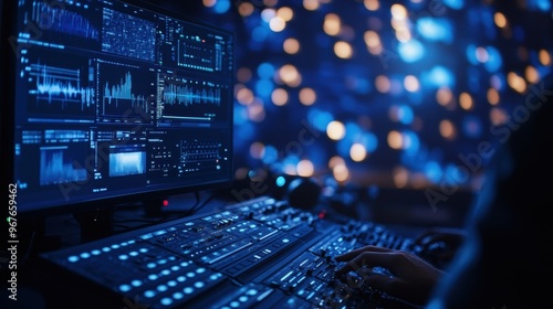 A close-up of a sound engineer's hand adjusting settings on a digital audio workstation, illuminated by vibrant blue lights.