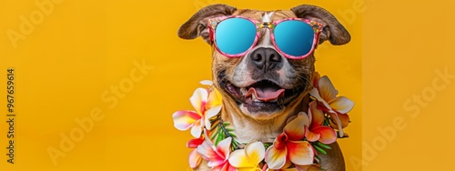 A cheerful dog wearing sunglasses and a flower lei poses against a bright yellow backdrop, showcasing a fun summer vibe in a playful outdoor setting