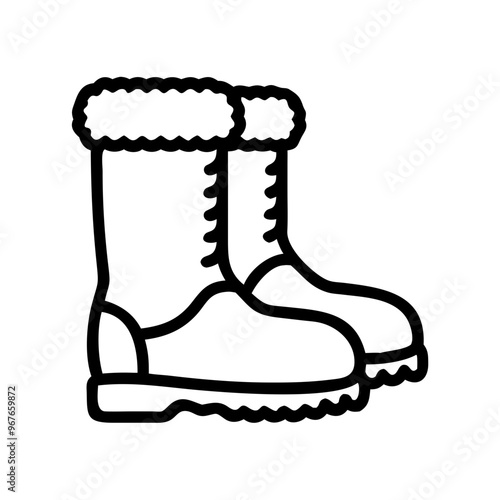 Winter boots icon with fur trim, black and white outline, cold weather footwear