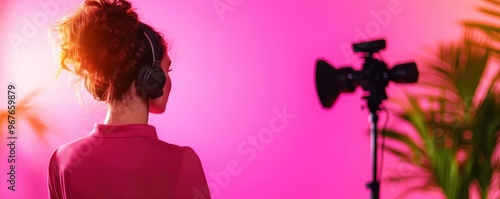 A creative individual wearing headphones, engaged in a music or video production session against a vibrant pink backdrop. photo