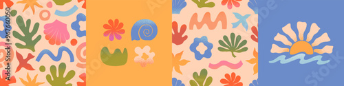 Vector summer cards.Nature elements and seamless pattern.Palm,sun,coral,seashell,wave.Trendy designs for banners,smm,covers,prints.Summer surf club