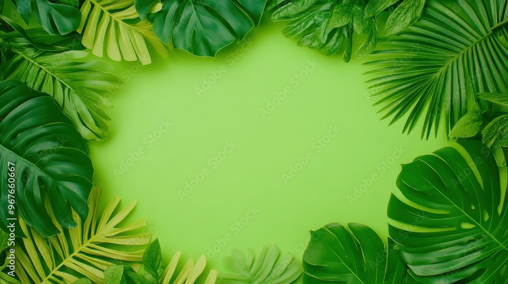 Tropical Green Leaves Frame on Green Background Tropical Green Leaves Frame on Green Background