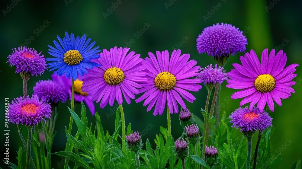 Fototapeta premium Vibrant Purple and Blue Flowers in a Garden