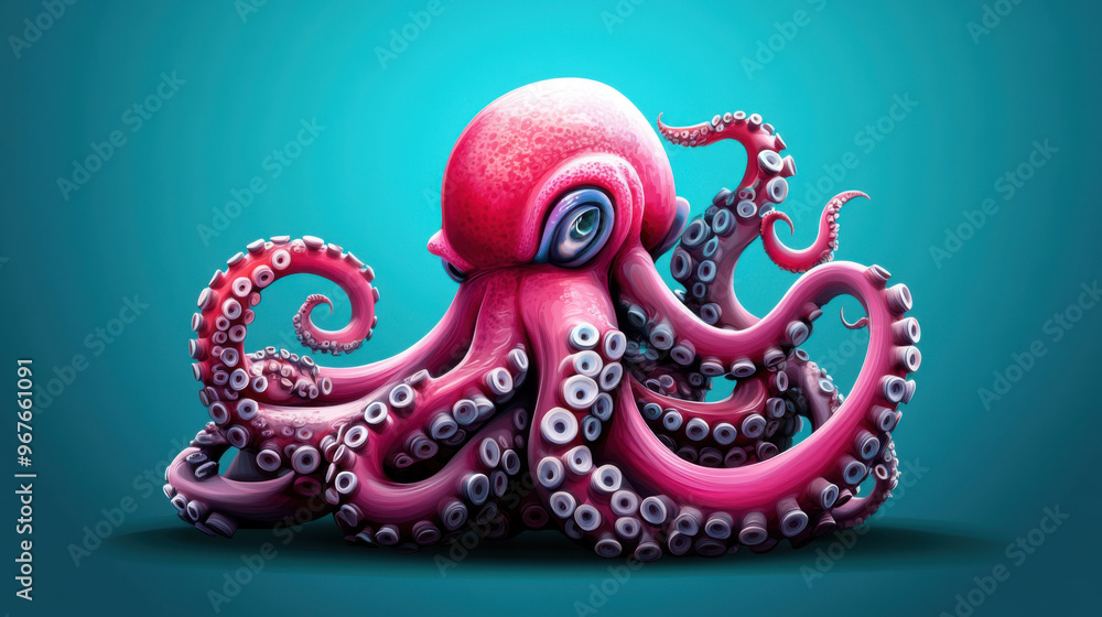 Obraz premium Vibrant 3D illustration of a pink octopus with detailed tentacles, set against a solid teal background, highlighting marine life.