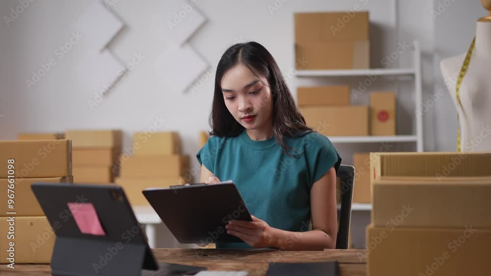Asian female entrepreneur is verifying orders on a tablet and taking notes on a clipboard. She is surrounded by cardboard boxes and a mannequin Asian female entrepreneur is verifying orders on a tablet and taking notes on a clipboard. She is surrounded by cardboard boxes and a mannequin