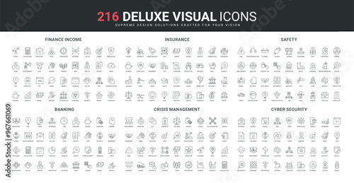 Crisis management of company, insurance and cybersecurity of banking apps line icon set. Financial income and wealth, labor safety of worker in industry thin black outline symbols vector illustration