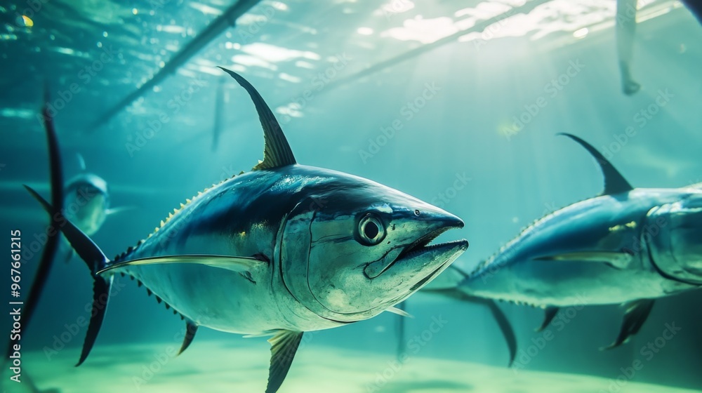 Fototapeta premium Tuna fish swimming in a spacious ocean farm enclosure.