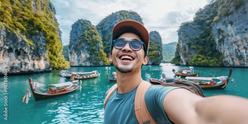  Asian man selfie on the excitement of travel with captivating of exotic destinations and adventure 