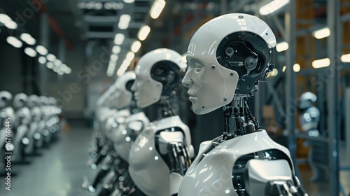 A factory constructing artificial people, half torsos are shown,  robots  photo