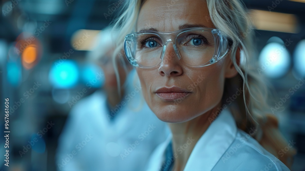 A focused female scientist in a lab wearing safety glasses, engaged in research with laboratory equipment in the background during a modern scientific study A focused female scientist in a lab wearing safety glasses, engaged in research with laboratory equipment in the background during a modern scientific study
