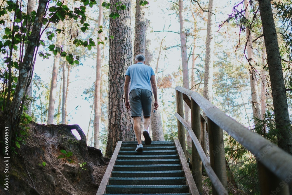male traveler climbs stairs with railings in the depths of the forest for a walk male traveler climbs stairs with railings in the depths of the forest for a walk