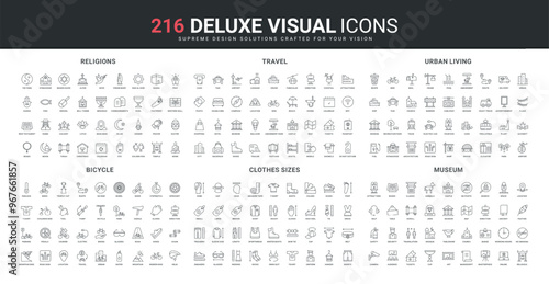 Art museum, urban living, bicycle and biker equipment, travel cruise attractions and hotel line icon set. Clothes size measurement, world religions thin black outline symbols vector illustration