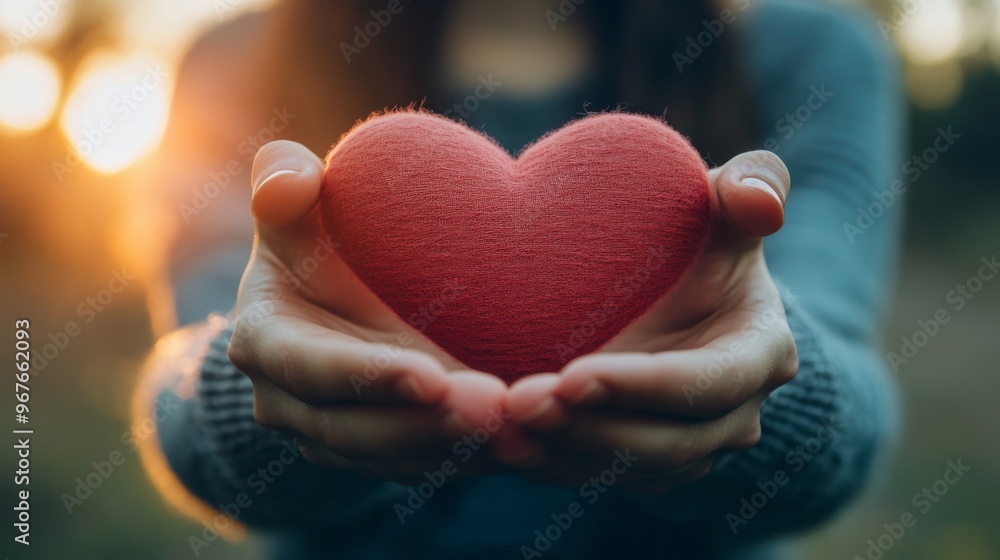 A person holds a soft red heart symbol at sunset in a serene outdoor setting, showcasing warmth and compassion as daylight fades gently A person holds a soft red heart symbol at sunset in a serene outdoor setting, showcasing warmth and compassion as daylight fades gently