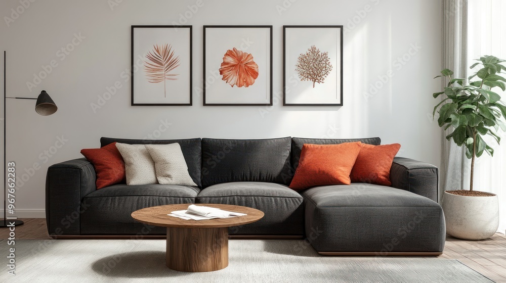 Fototapeta premium Living room interior with comfortable sofa and paintings on the wall