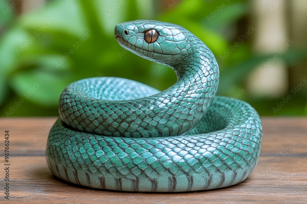 Fototapeta premium Green Wooden Snake Sculpture Symbol of Chinese Zodiac for Year of the Snake Celebrations